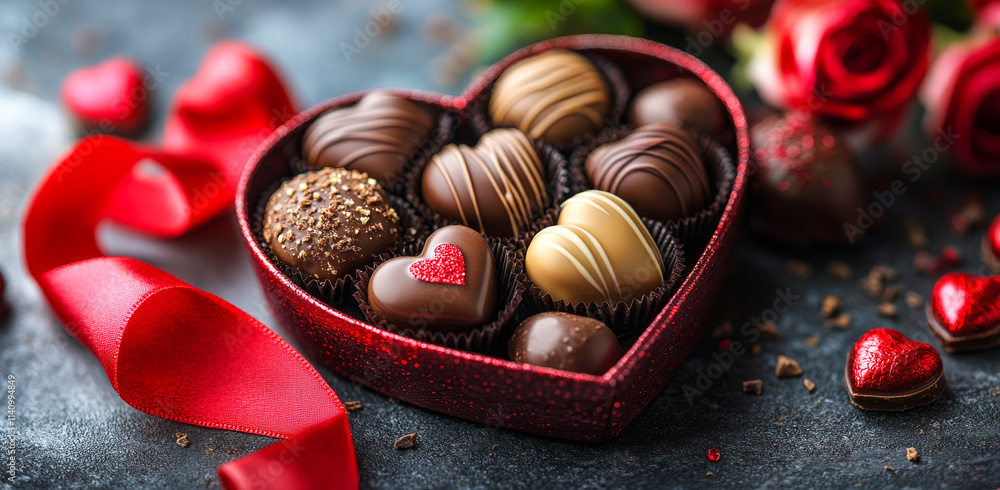 Aufkleber a box of chocolates with a red ribbon and a heart on it. the chocolates are arranged in a heart shap