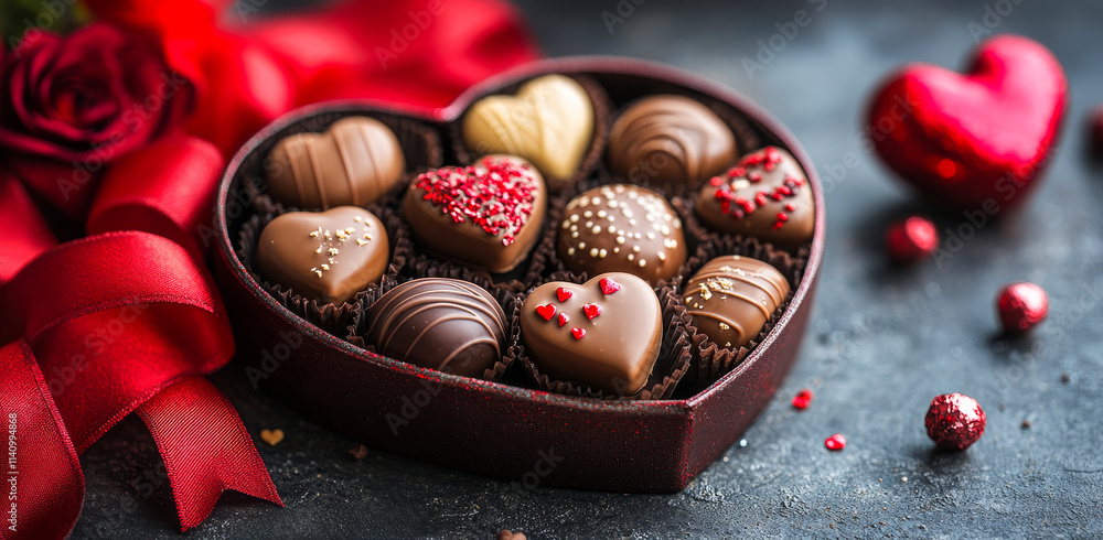 Poster a box of chocolates with hearts on them is on a table. the chocolates are arranged in a heart shape,