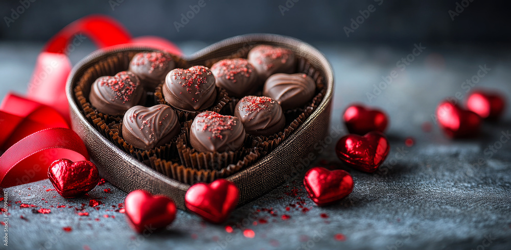 Poster a box of chocolate hearts sits on a table with red ribbon and red hearts scattered around it. concep