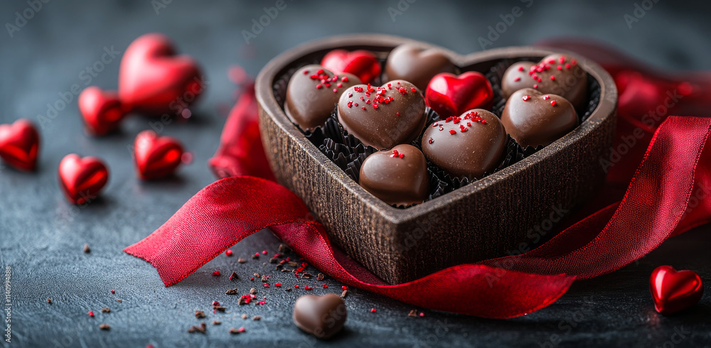 Poster a heart-shaped box of chocolates sits on a table with red ribbon. the chocolates are arranged in a h