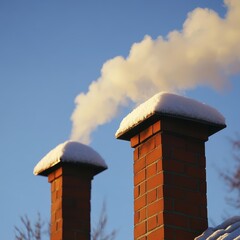 a couple of chimneys with snow on top