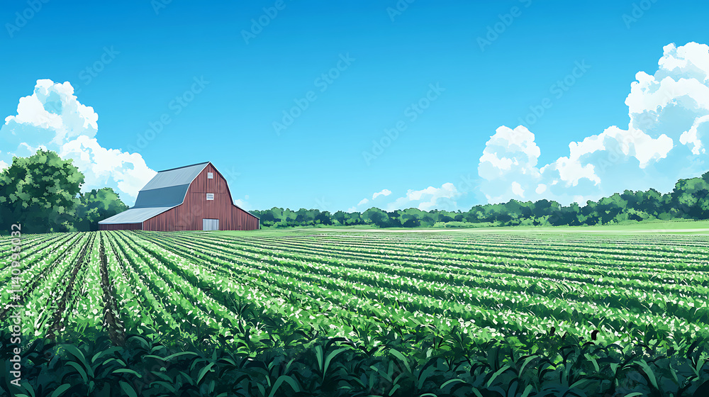 Aufkleber Wide view of a lush green farm field with rows of crops and a large red barn in the background under a clear blue sky, rural landscape concept