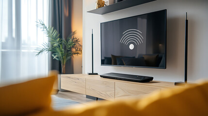 Wifi router providing internet connection in a cozy living room, ensuring seamless connectivity for work and leisure