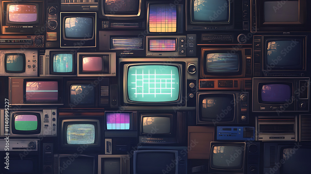 Poster stack of various television sets from the 1970s with a test pattern displayed on the screen, static,