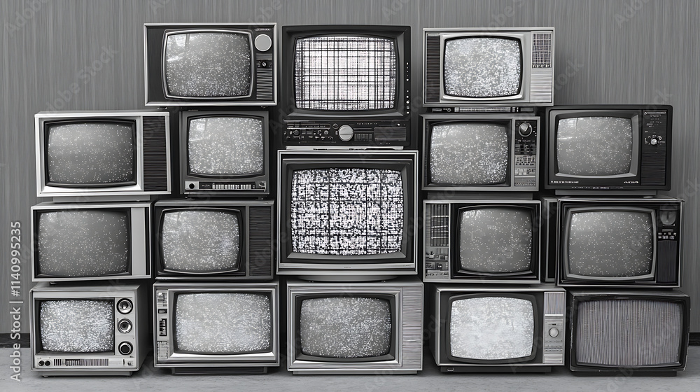 Poster stack of various television sets from the 1970s with a test pattern displayed on the screen, static,