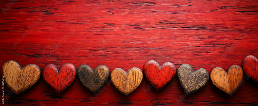 Poster a row of wooden hearts are lined up on a red background. the hearts are of different sizes and color