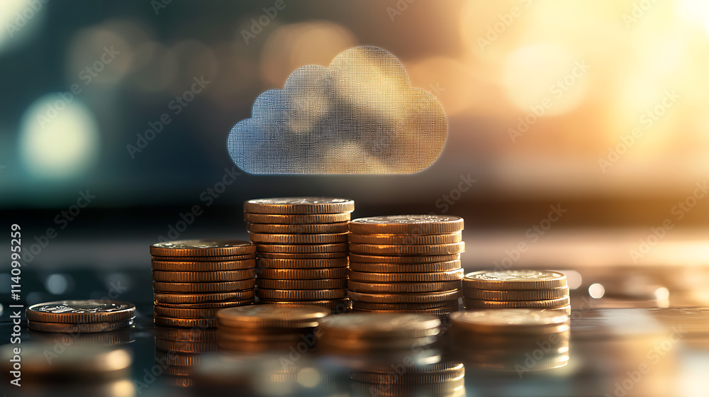 Aufkleber stacks of coins with a cloud icon symbolize cloud financial planning, highlighting cost management a
