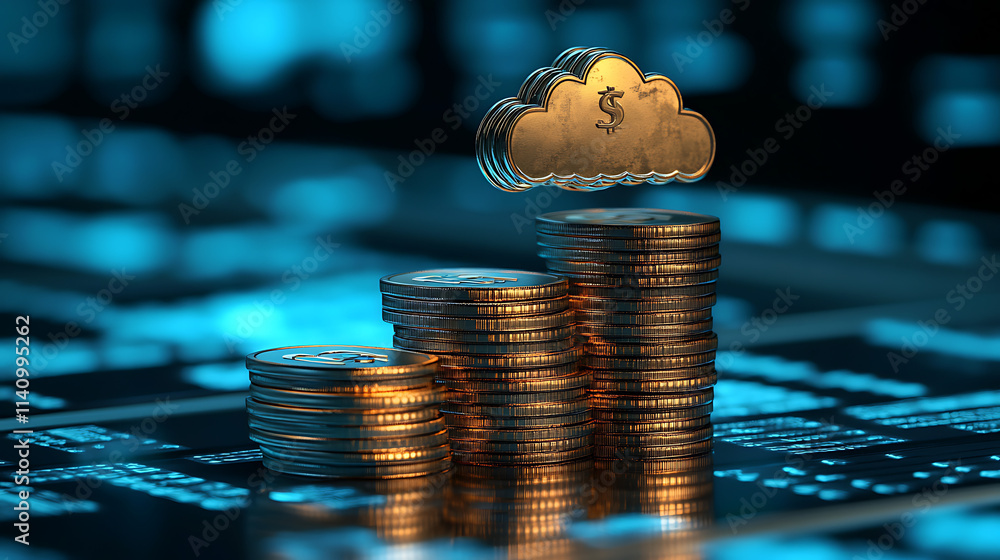 Poster Stacks of coins with a cloud icon symbolize cloud financial planning, highlighting cost management and budgeting in cloud computing