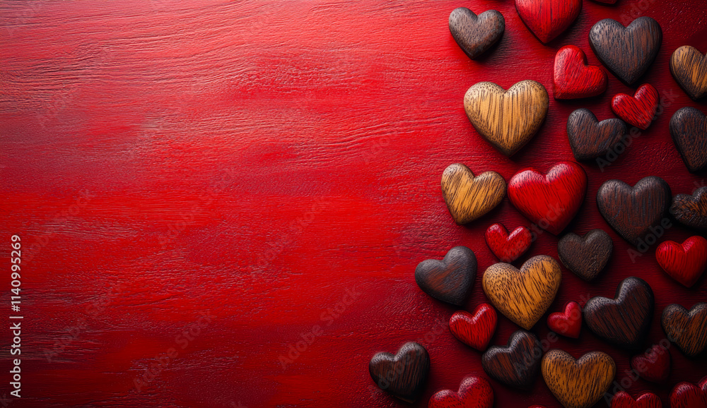 Poster a red background with a bunch of wooden hearts on it. the hearts are of different sizes and colors, 