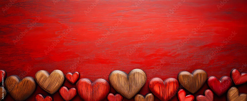Poster a red background with a row of wooden hearts on it. the hearts are arranged in a row and are of diff