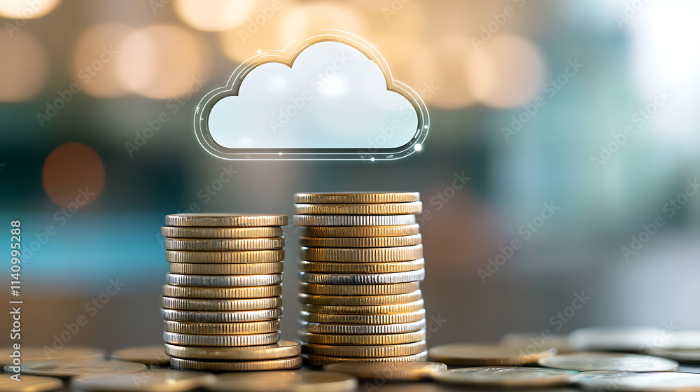 Poster stacks of coins with a cloud icon symbolize cloud financial planning, highlighting cost management a