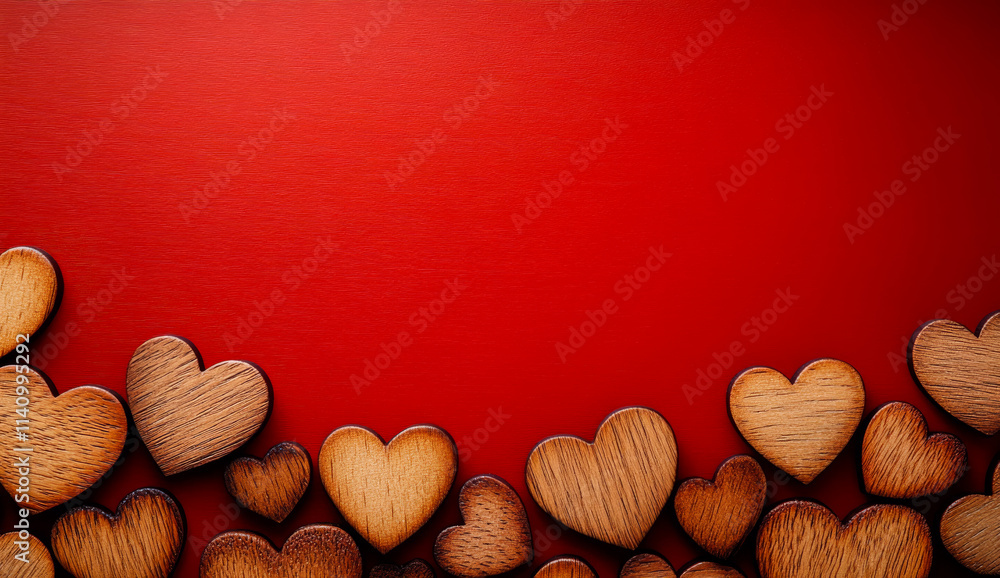 Poster a red background with wooden hearts on it. the hearts are arranged in a row and are of different siz