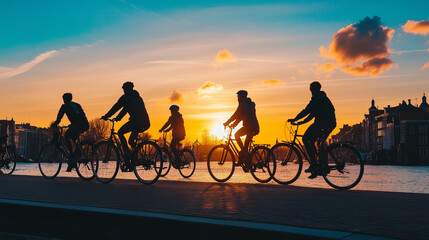 Friends biking along an amsterdam canal at sunset, captured in silhouette