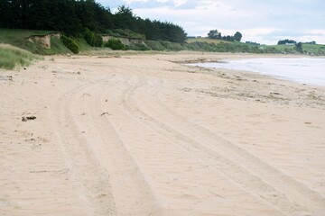 Car Tracks in the Beach Sand, Textured Coastal Scene