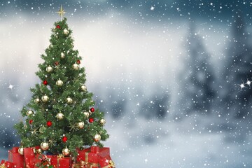Beautiful decorated christmas tree in winter landscape