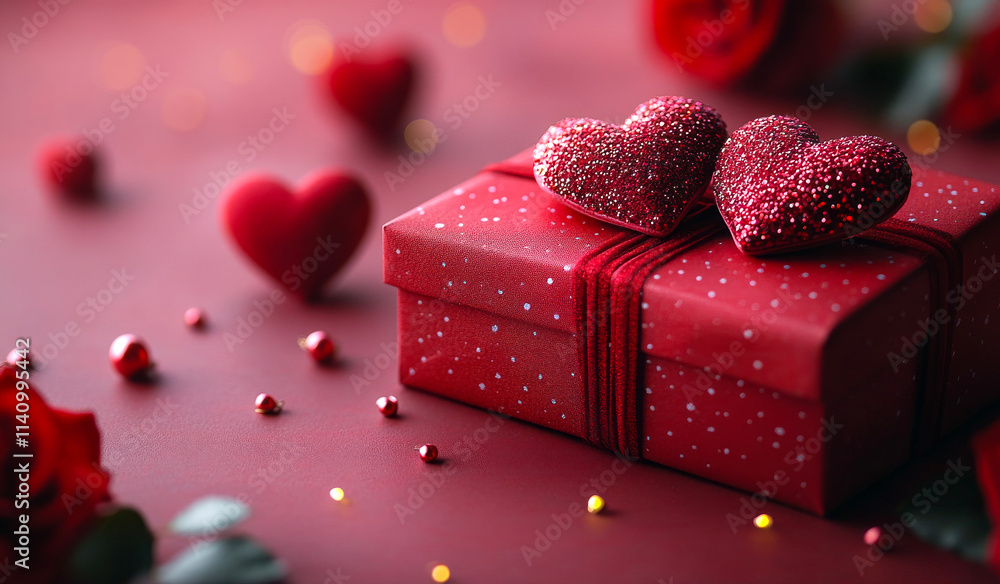 Aufkleber a red box with two hearts on top of it. the box is surrounded by red hearts and other small red obje