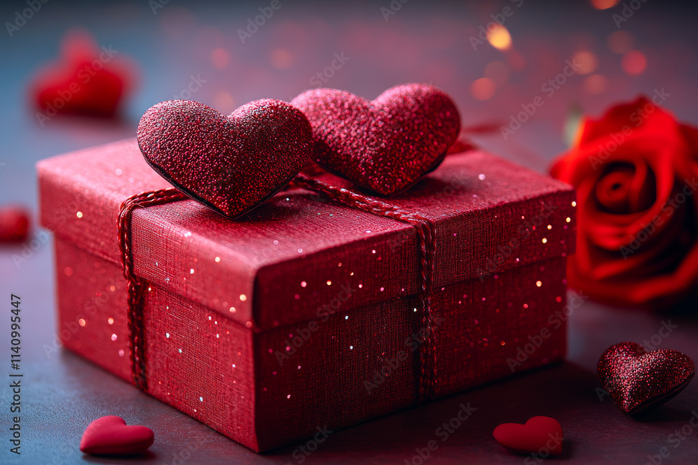 Poster a red box with hearts on it sits on a table. a rose is placed next to the box