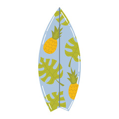 Cute cartoon surfing board with pineapple and Monstera leaves pattern in flat style. Surfing tool isolated on white background.