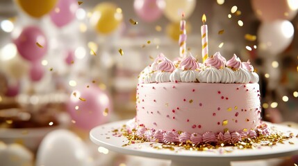 a pink cake with a candle on top