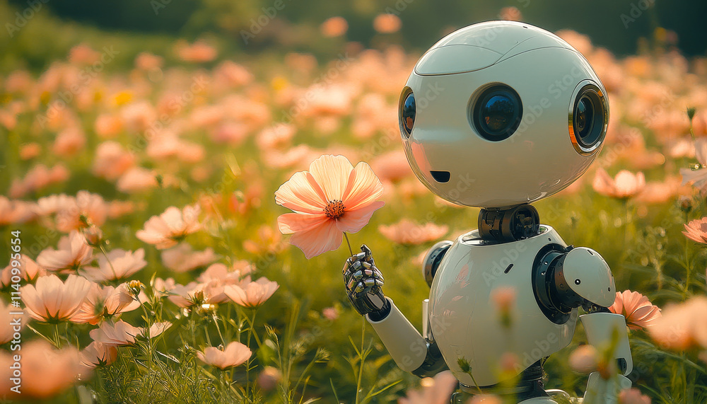Poster a robot is holding a flower in a field of flowers. the robot is white and has a flower in its hand. 