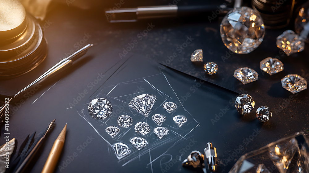 Poster workplace of a jeweler featuring sketches and a top view of diamonds against a dark backdrop