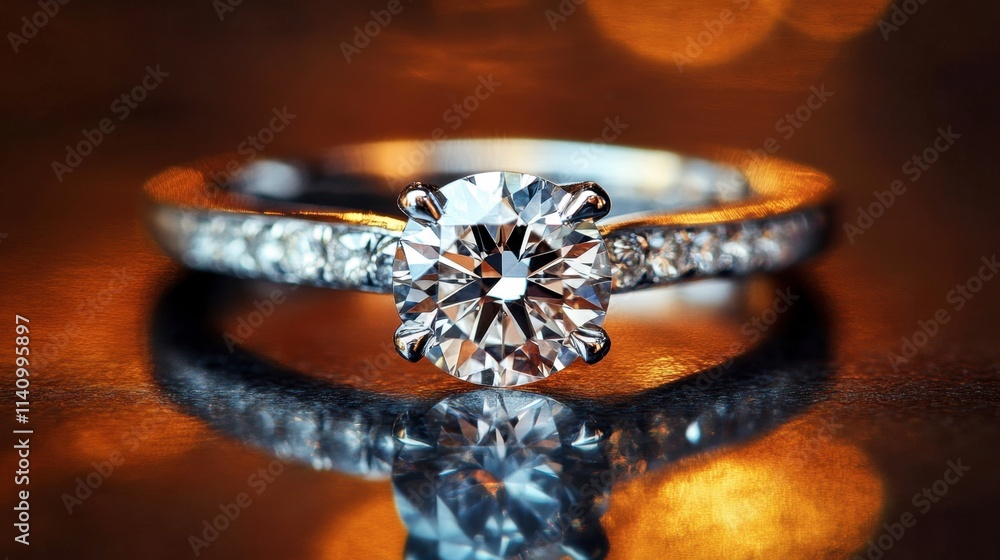 Poster sparkling diamond ring on shiny surface with blurred background