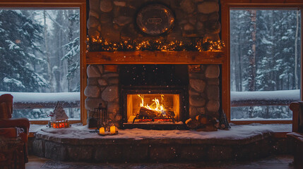 Stone fireplace is providing warmth in a cozy winter cabin as snow falls outside