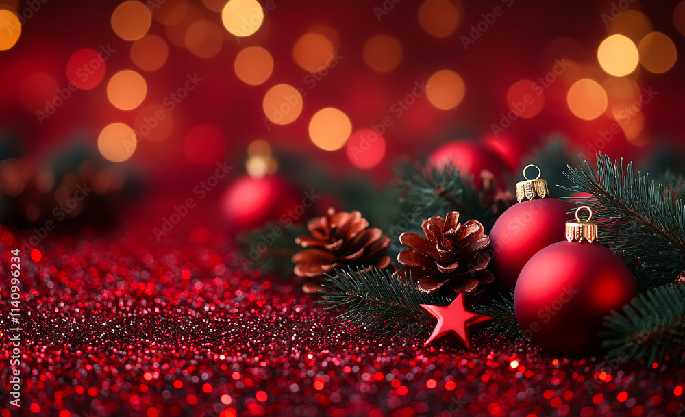 Aufkleber a festive scene with a red background and a white star. the star is surrounded by three red ornament