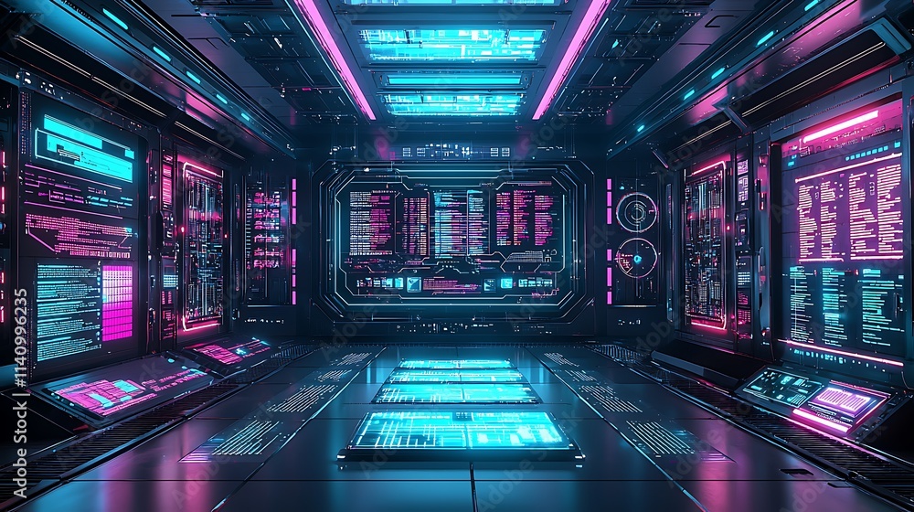 Poster futuristic control room interior with vibrant holographic displays showing data streams and codes.