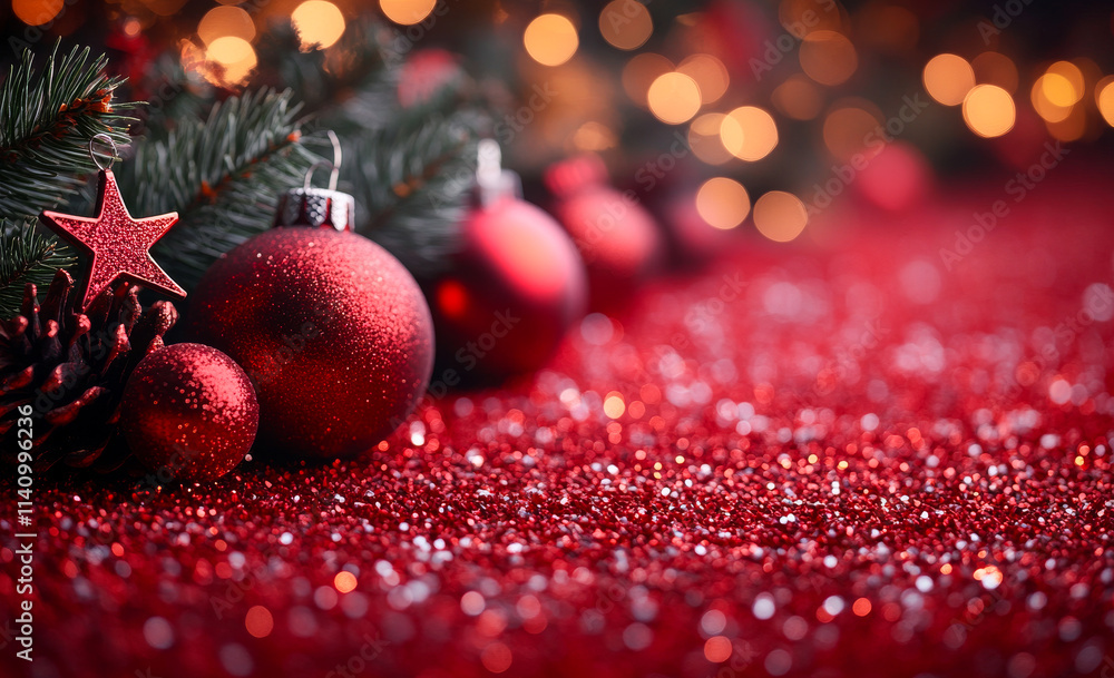 Poster a festive scene with a red background featuring a star and a cluster of red ornaments. the star is p