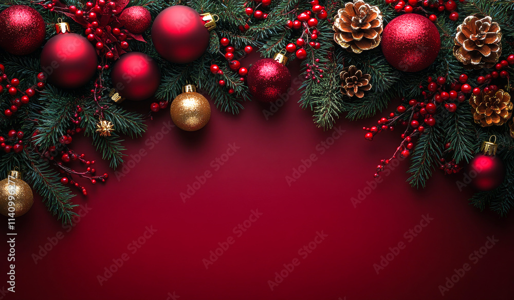 Poster a red background with a bunch of red and gold ornaments. the red background is the main focus of the