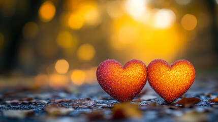 Fototapeta premium Two hearts are on a leaf covered ground. The hearts are orange and are placed close to each other