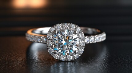Fototapeta premium Elegant Diamond Engagement Ring with Halo Setting and Sparkling Accents