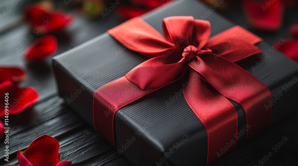Poster a black box with a red ribbon on top of it. the box is decorated with red ribbon and has a bow on to