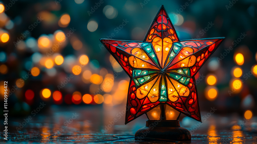 Poster a colorful star with lights shining on it. the star is lit up and is placed on a table