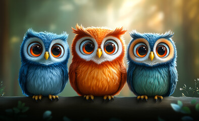 Fototapeta premium Three owls are sitting on a branch, one blue, one orange, and one blue. The blue owl is looking at the camera, while the other two are looking away. The scene has a playful and whimsical mood