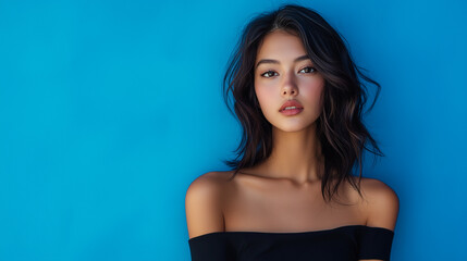 Fototapeta premium Fashion model posing in a studio wearing an off-the-shoulder top against a stunning blue backdrop