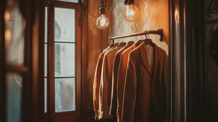 Stylish Gentlemen's Suits Hanging in Elegant Dimly Lit Room