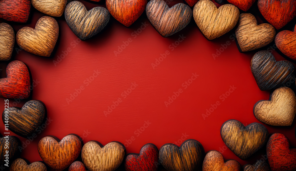 Poster a red background with a wooden frame of hearts. the hearts are of different colors and sizes. the fr