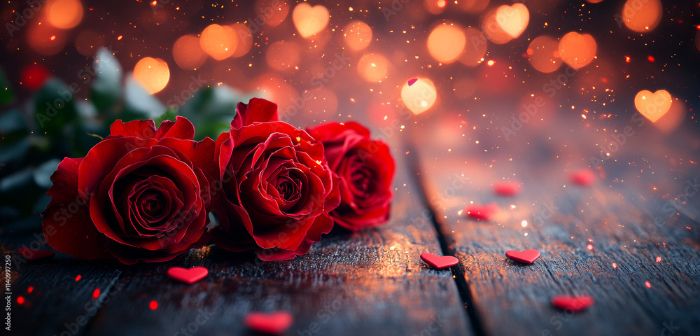 Poster a bouquet of red roses is placed on a wooden table with a heart-shaped pattern. the roses are arrang
