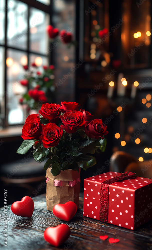 Aufkleber a red box with a red polka dot design sits on a table next to a vase of red roses. the roses are arr