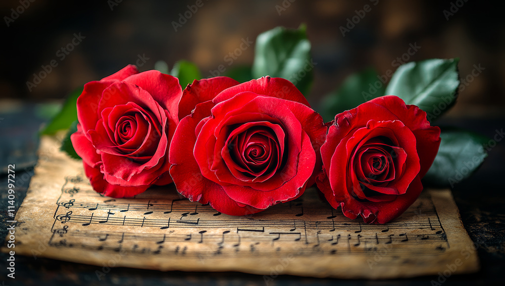 Poster three red roses are placed on top of a sheet of music. the roses are arranged in a way that they are