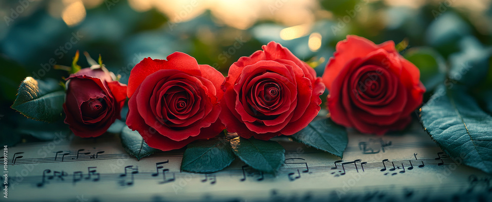Poster four red roses are arranged on top of a sheet of music notes. the roses are placed in a way that the