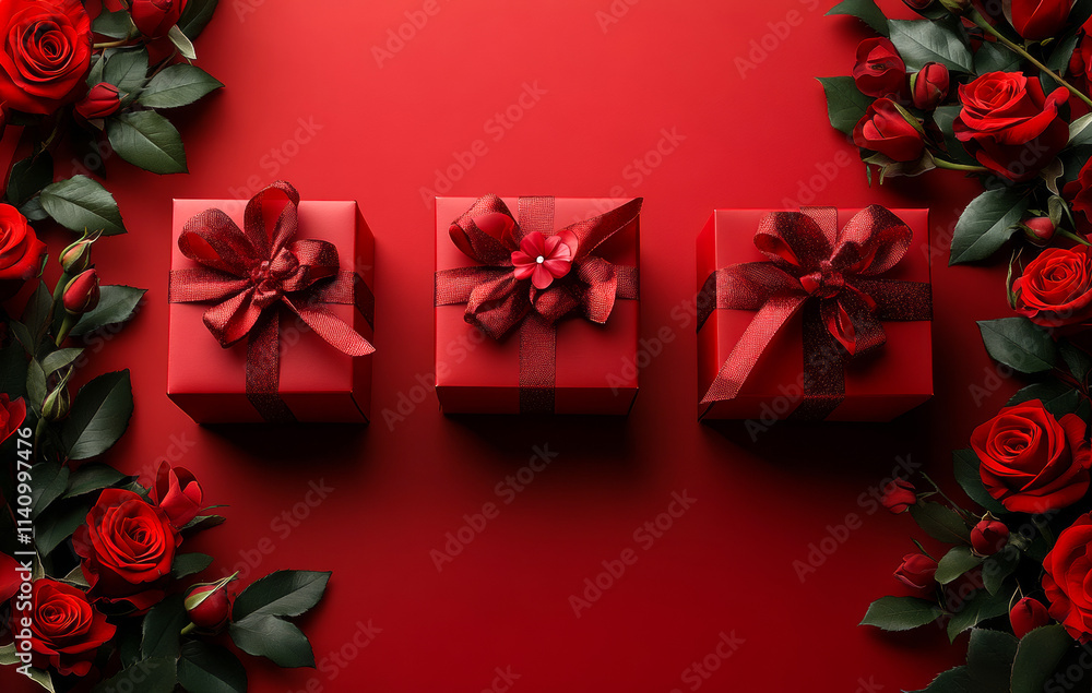 Poster three red boxes with red bows on them are surrounded by red roses. the boxes are placed in a row, wi