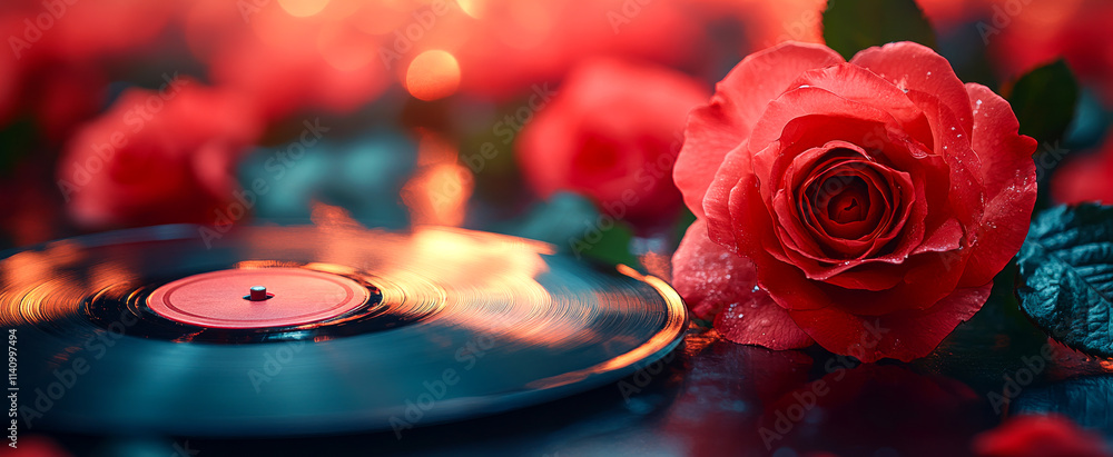 Poster a black record sits on a table next to a red rose. the record is surrounded by a few other roses, cr