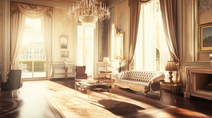 Elegant Sunlit Room with Crystal Chandelier and Classic Decor