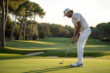 Fototapeta premium Professional Golfer Sinks Putt into Hole on Green 
