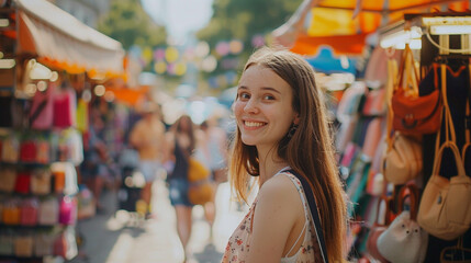 content creator girl walking through a summer market