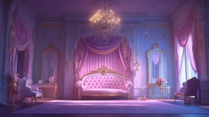 Elegant pastel interior with ornate furniture and soft lighting