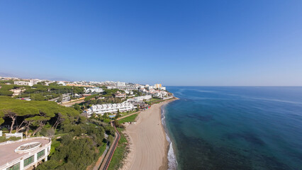 Aerial drone photo of the beautiful beach front in the town of Sitio de Calahonda in Mijas Spain...